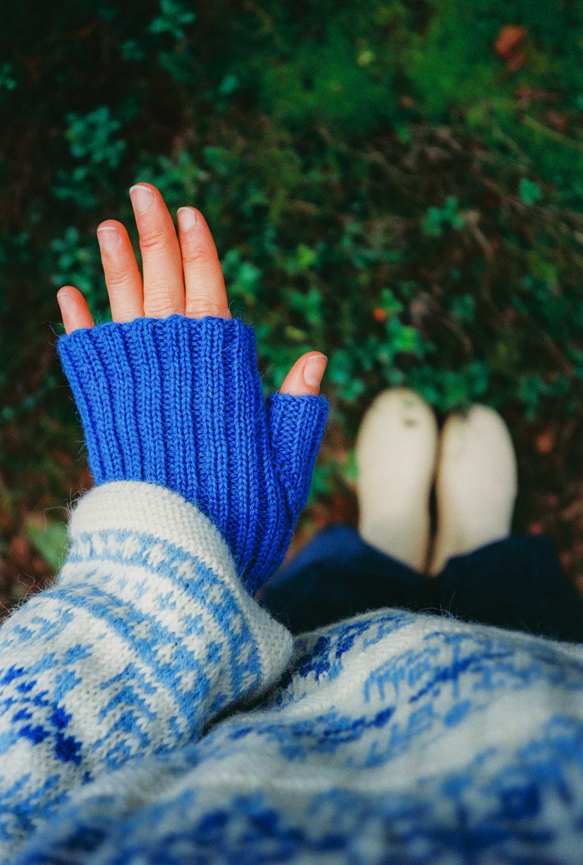 Person wearing blue gloves and a blue and white patterned sweater with a blurred natural background